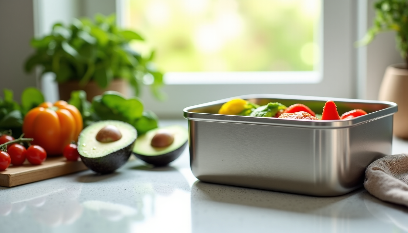 Lunch box en inox remplie de légumes frais sur un plan de travail